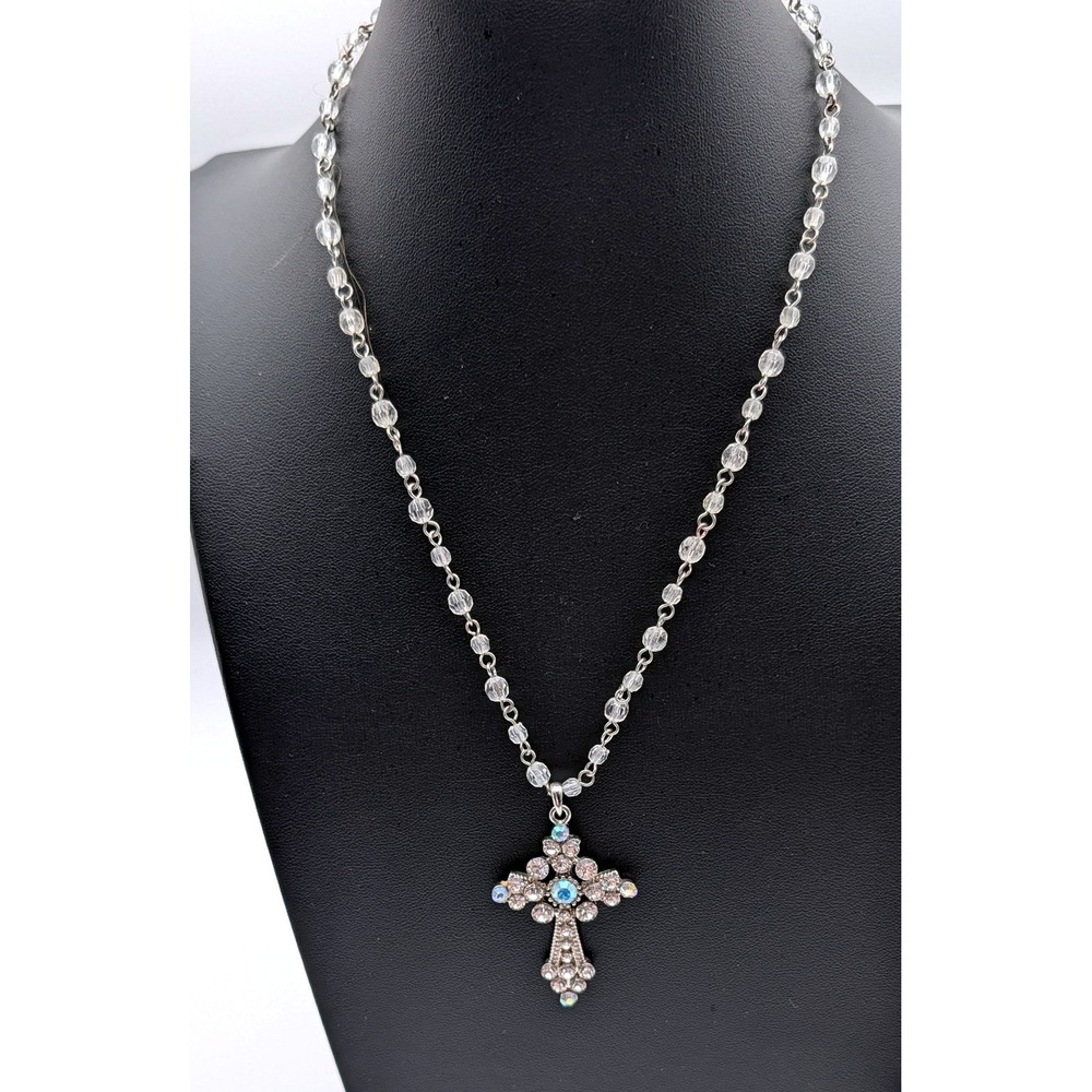 Silver Tone Rhinestone Cross Rosary Necklace Clear Beaded Chain AB Crystals